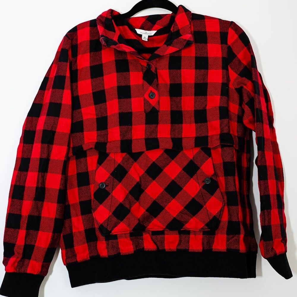 LL Bean Signature Red Black Buffalo‎ Plaid pullover kangaroo pocket sweatshirt M